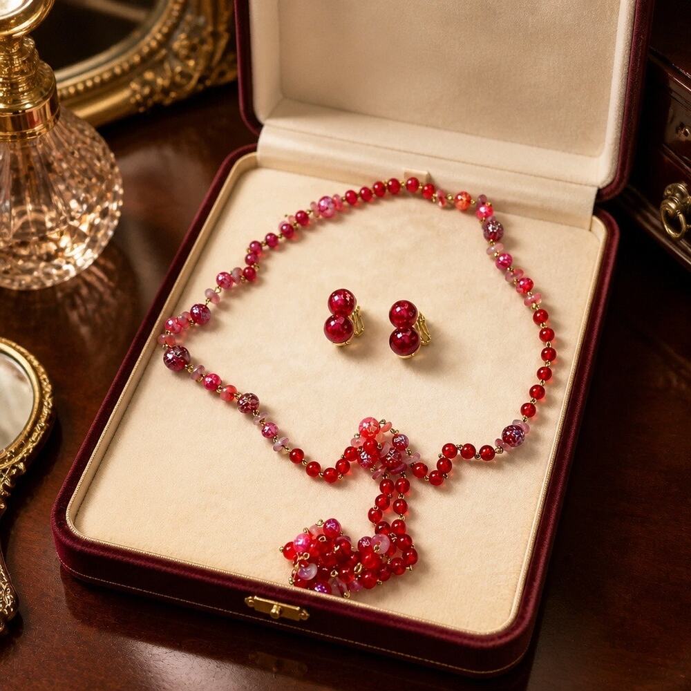 Vintage Marvella Ruby Red Glass Bead Cluster Necklace Clip On Earrings Set